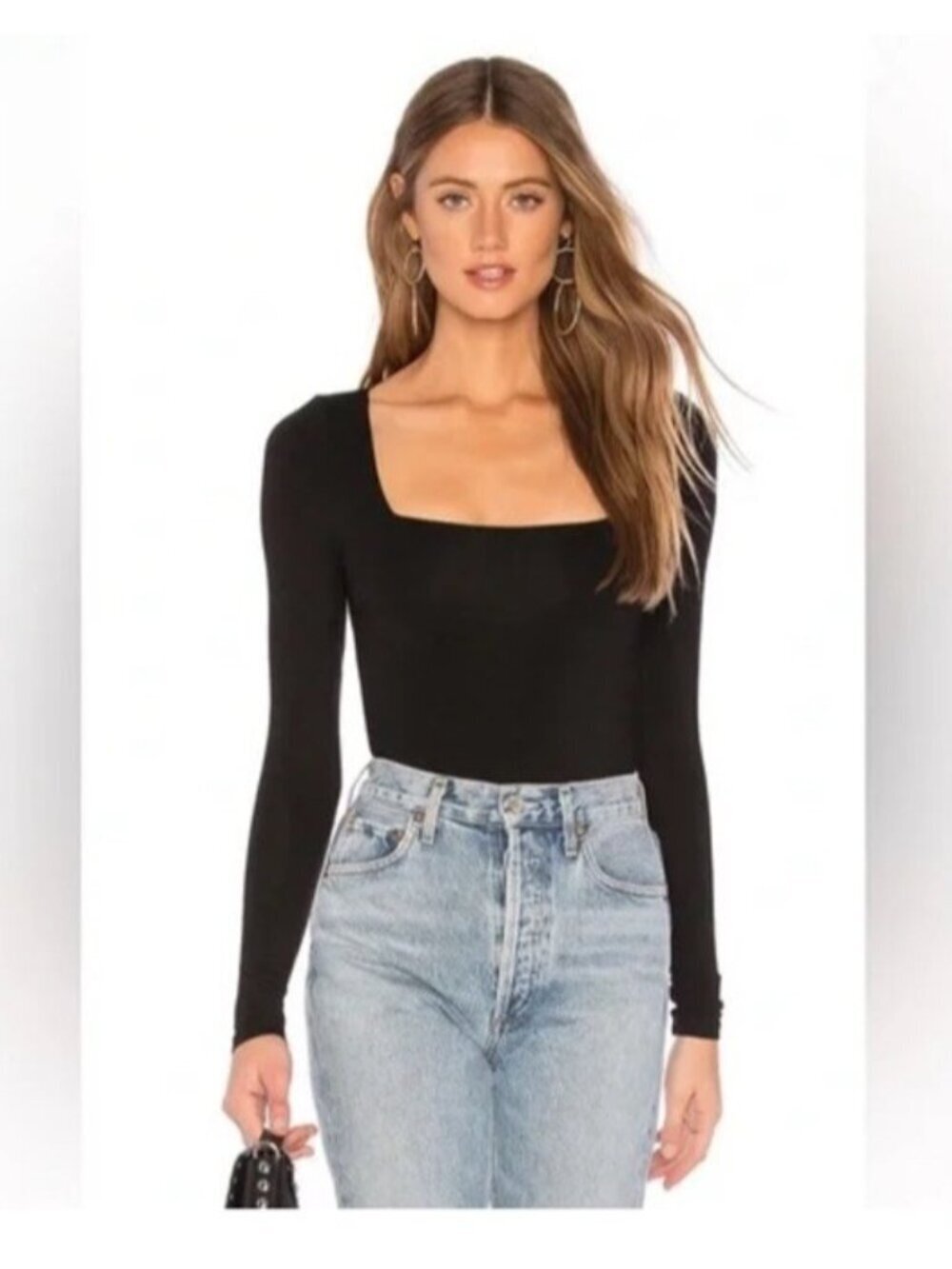 Superdown Black Long Sleeve Square Neck Bodysuit S Soft Classic Modern Revolve
